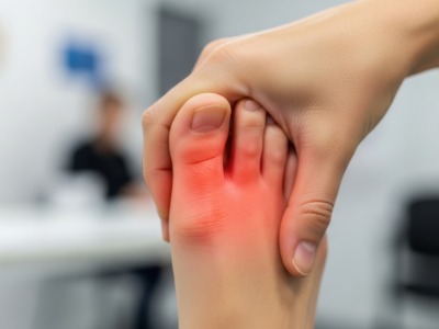 someone holding a foot red representing Forefoot pain treatment Leeds