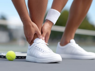 Male tennis player experiencing severe ankle pain or sprain injury during a match on the court, holding his leg