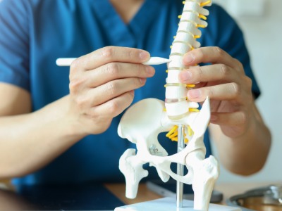 Medical professional explains spinal health issues by pointing to a detailed spine model